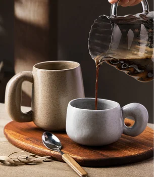 Japonský Štýl Kameniny Šálku Kávy 300 ML Tvarované Veľké Ucho Rukoväť Keramický Pohár Vody Hrnček Tvorivé Pár Raňajky Pohár Mlieka