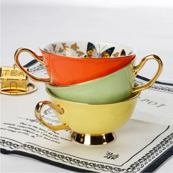 Kávové šálky, Porcelán High-kvalitné Butterfly Kvet Teacup & Tanier Nastavenie British Popoludňajší Čaj čas Keramická Šálka Office Drinkware