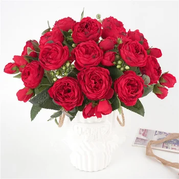 30 cm Rose červené Hodvábne Pivónia Umelé Kvety, Kytice 5Big Hlavu a 4Bud s pivónia Falošné kvet ručné domov svadobné dekorácie