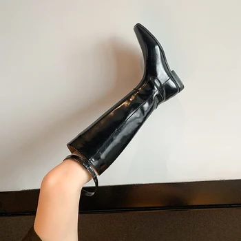 2022 Ženy, kolena-vysoké topánky prírodná koža 22-24.5 CM krava moderné kožené topánky štvorcové prst ploché opasku dlhé topánky
