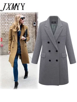 JXMYY 2022 Jeseň Zima Ženy Coats Bežné Bundy Vlnené Kabát Elegantné Dvojité Breasted Dlho Dámy Kabát Plus Veľkosť Outwear