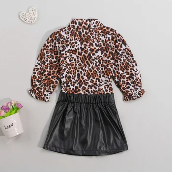 0-5Y Jeseň Fashion Baby Dievčatá Oblečenie Sady Leopard Vytlačené Dlhý Rukáv Košele, Topy PU Kože-Line Sukne 2ks