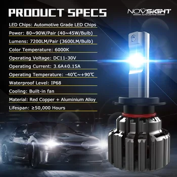 NOVSIGHT H4 LED Auto Reflektor H7 H11 9003 9005 9006 HB3 HB4 HB2 90W 7200LM 6000K Auto Svetlomet do Hmly Žiarovky