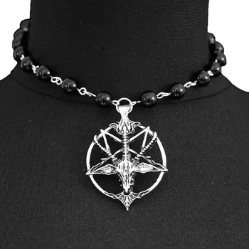 Jednoduchý Čierny Onyx Choker s Baphomet Prívesok Vintage Pentagram Lebky Kolo Kozie Hlavy Náhrdelník Diabol Pan Boh Náhrdelníky