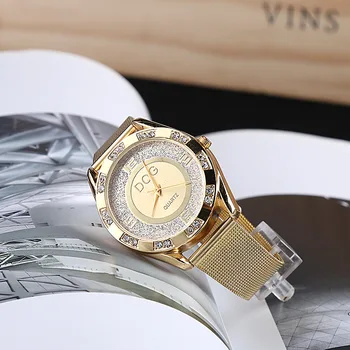 Móda Slávny DQG Značky Hodinky Pre Ženy, Nepremokavé Zlato z Nehrdzavejúcej Ocele Diamond arabčina Digitálne Náramkové Hodinky Quartz Reloj Mujer