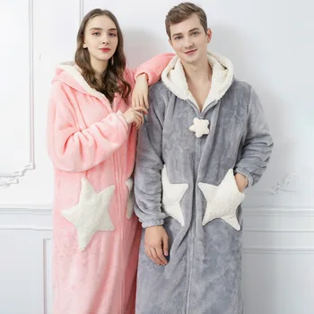 Pár Coral Fleece Oblečenie Košeľa Dlhý Rukáv Zips Sleepwear Kimono S Kapucňou Župany Žien A Mužov V Zime Teplé Nightgown