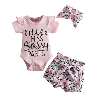 2021 Letné Baby Girl Šaty List Romper+Krátke Nohavice+hlavový most 3ks Oblečenie Set pre Deti Batoľa Dievčatá Ležérne Oblečenie Nosiť