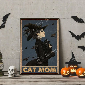 Mačka Mama Plagát, Salem Mačka Halloween Umenie, Halloween Plagát Čarodejnice & Cat Tlač, Salem Čierna Mačka, Umenie, Čiar Wal Dekor
