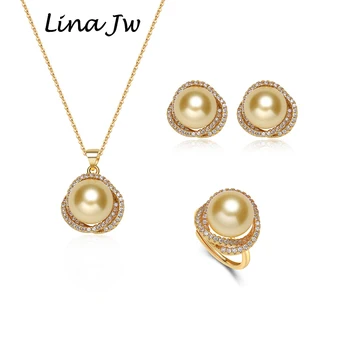 South Sea Shell Perly Zlaté Šperky pre Ženy Sady Náhrdelníky Náušnice, Prsteň S Zirkón Strany, Narodeninám, Svadobný Dar