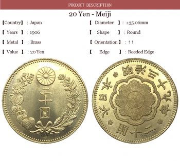 Skvelé Japonsko 1906 20 Jen Meiji 39 Rok Zlaté Mince Mosadze, Kov Paulownia Kvet Erbom Cisára Kráľovská Pečať Kópie Mincí