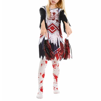 Deti, Dievčatá, Halloween Party Zombie Horor Cosplay Kostým Cheerleading Tanečné Oblečenie Krvavé Šaty s Pančuchy Kvetinové Gule