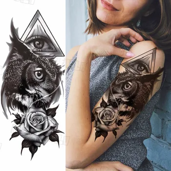 Black Geometrické Vlk Dočasné Tetovanie Pre Mužov Dospelých Lebky Ružica Kompasu Realistické Falošné Tetovanie Body Art Polovičný Rukáv Tetovanie Nálepky